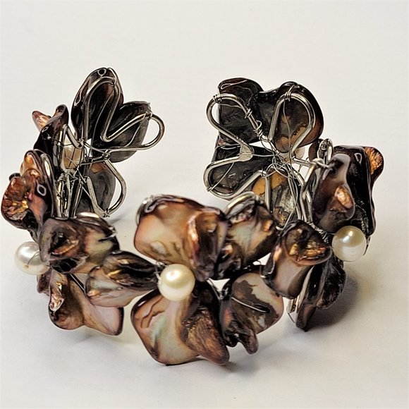 Dark Brown Cuff Bracelet with Pearls and Dyed Mother Of Pearl Shell Bangle -NEW - Picture 10 of 15